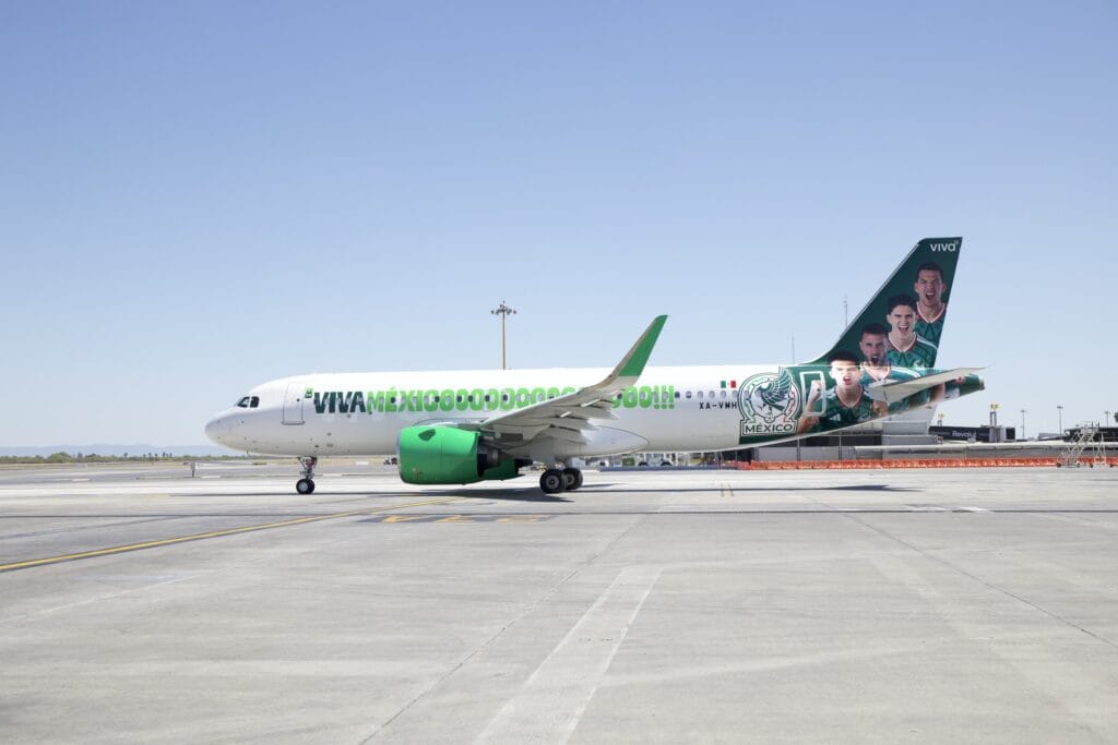 A Viva Aerobus Airbus plane with a design supporting the Mexican national football team ahead of the FIFA World Cup