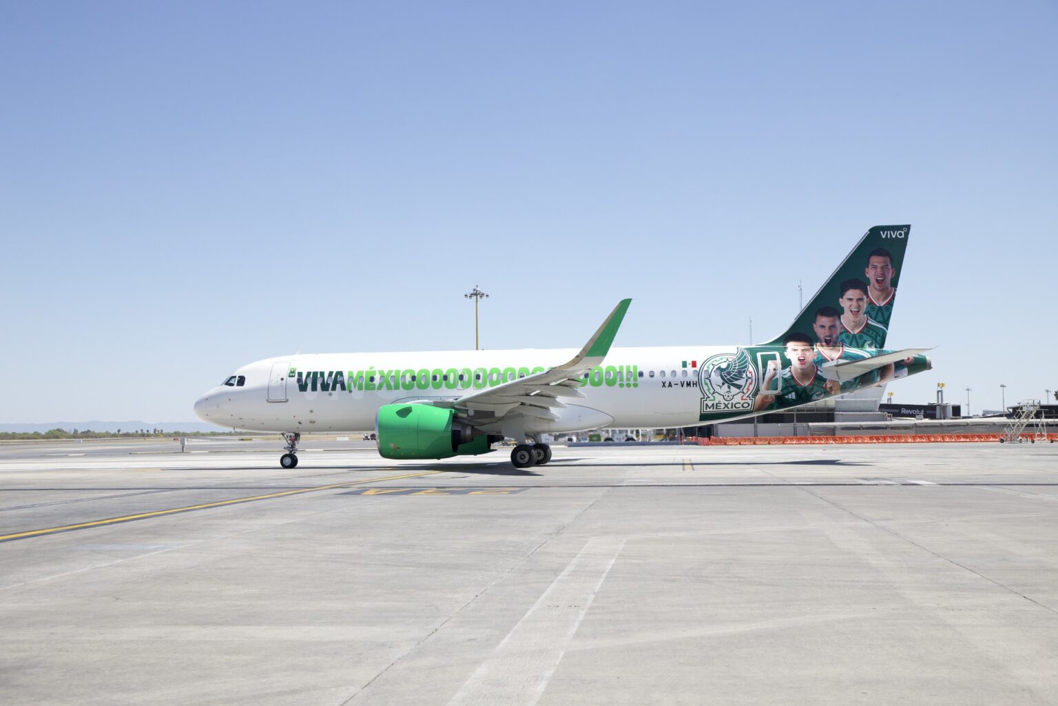 JFK’s New Terminal 1 adds Mexican low-cost carrier service A Viva Aerobus Airbus plane with a design supporting the Mexican national football team ahead of the FIFA World Cup, JFK Airport