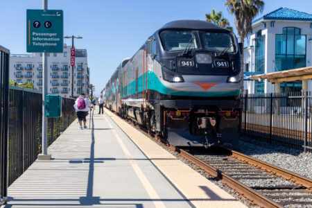 A Metrolink train is seen at the Oceanside Station in this undated promotional image from Metrolink. Public transit.