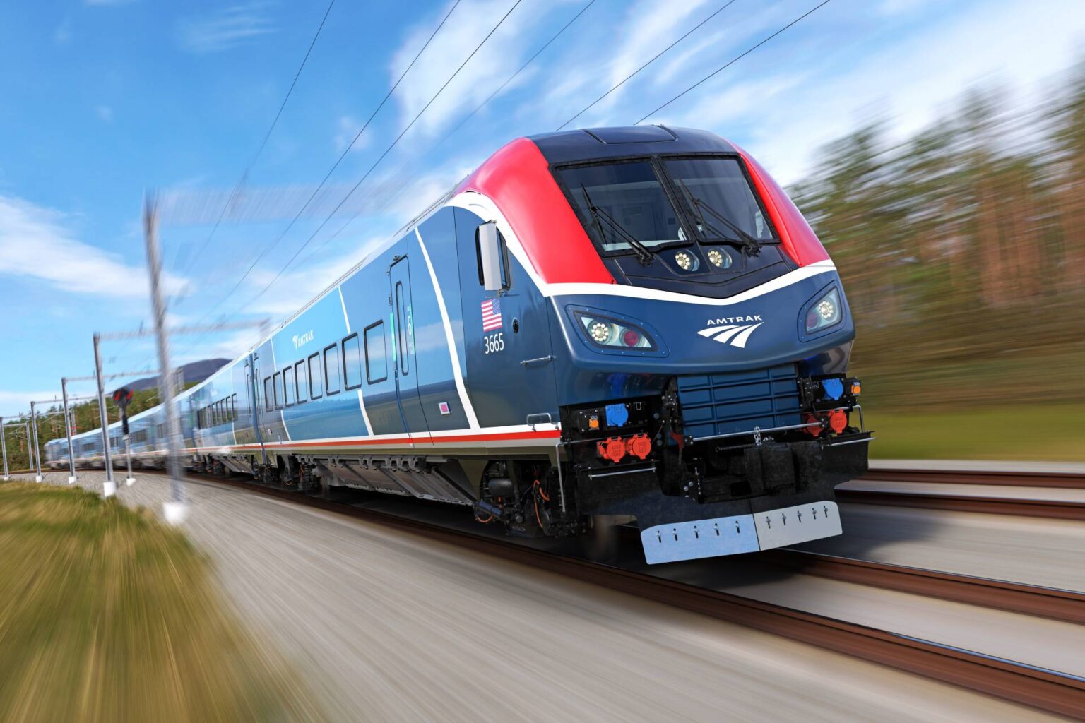 Upgraded Amtrak trains are built and headed for testing before deployment on America’s busiest railroad Rendering of an Amtrak Airo trainset traveling among green vegetation. (Amtrak)