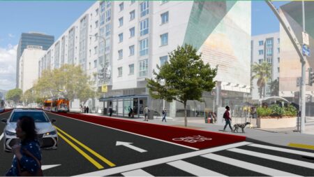 Rendering of a section of the proposed Vermont Bus Rapid Transit in Los Angeles is seen in this presentation image from LA Metro.