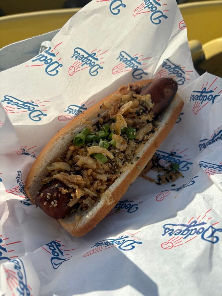 A Japanese-inspired hot dog at Dodger Stadium as part of Japanese heritage celebrations in July 2024. (Travis Schlepp/Rail and Runway)
