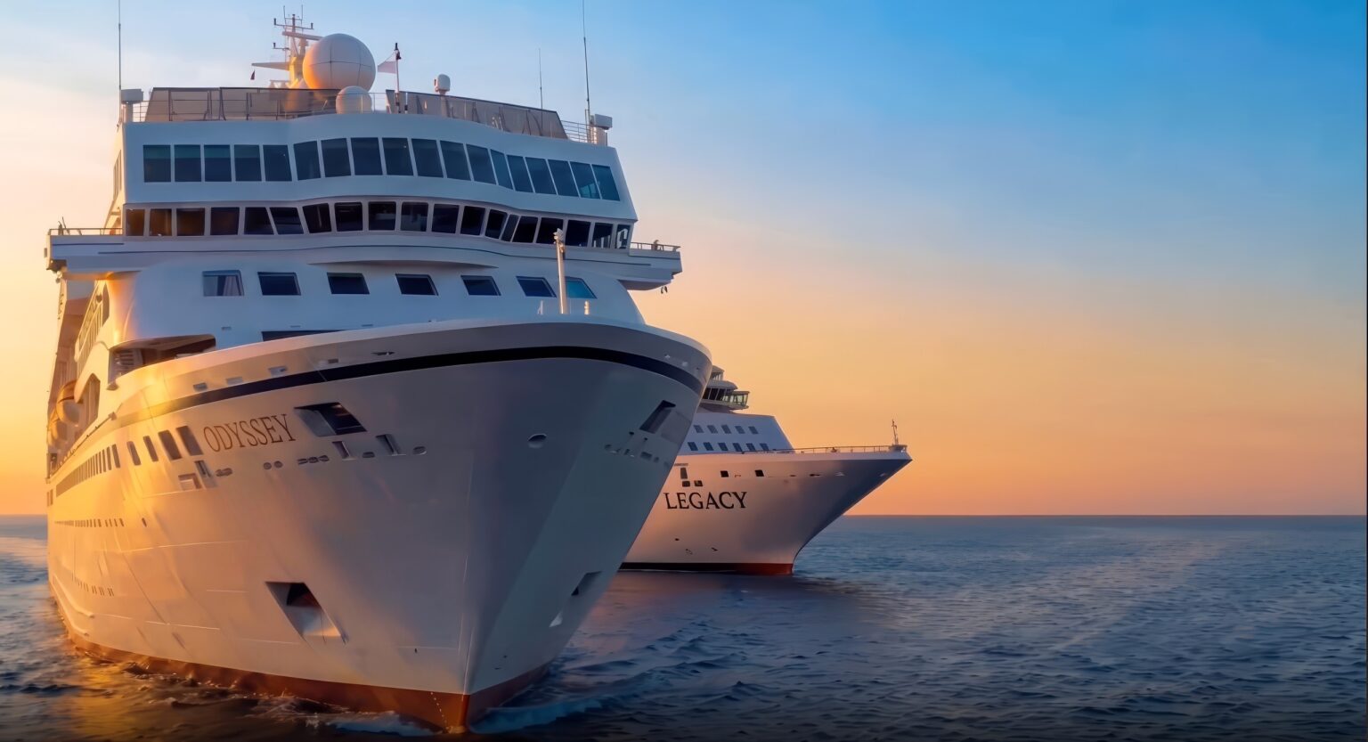Luxury ‘residential cruise ship’ company announces plans for second ship This promotional image from Villa Vie Residences shows the newly announced Legacy approaching behind the company's first residential cruise ship, the Odyssey. (Villa Vie Residences)