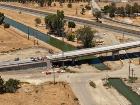 The Corcoran Highway grade separation project in Kings County which was completed and opened to traffic in early August 2026. (California High-Speed Rail Authority)