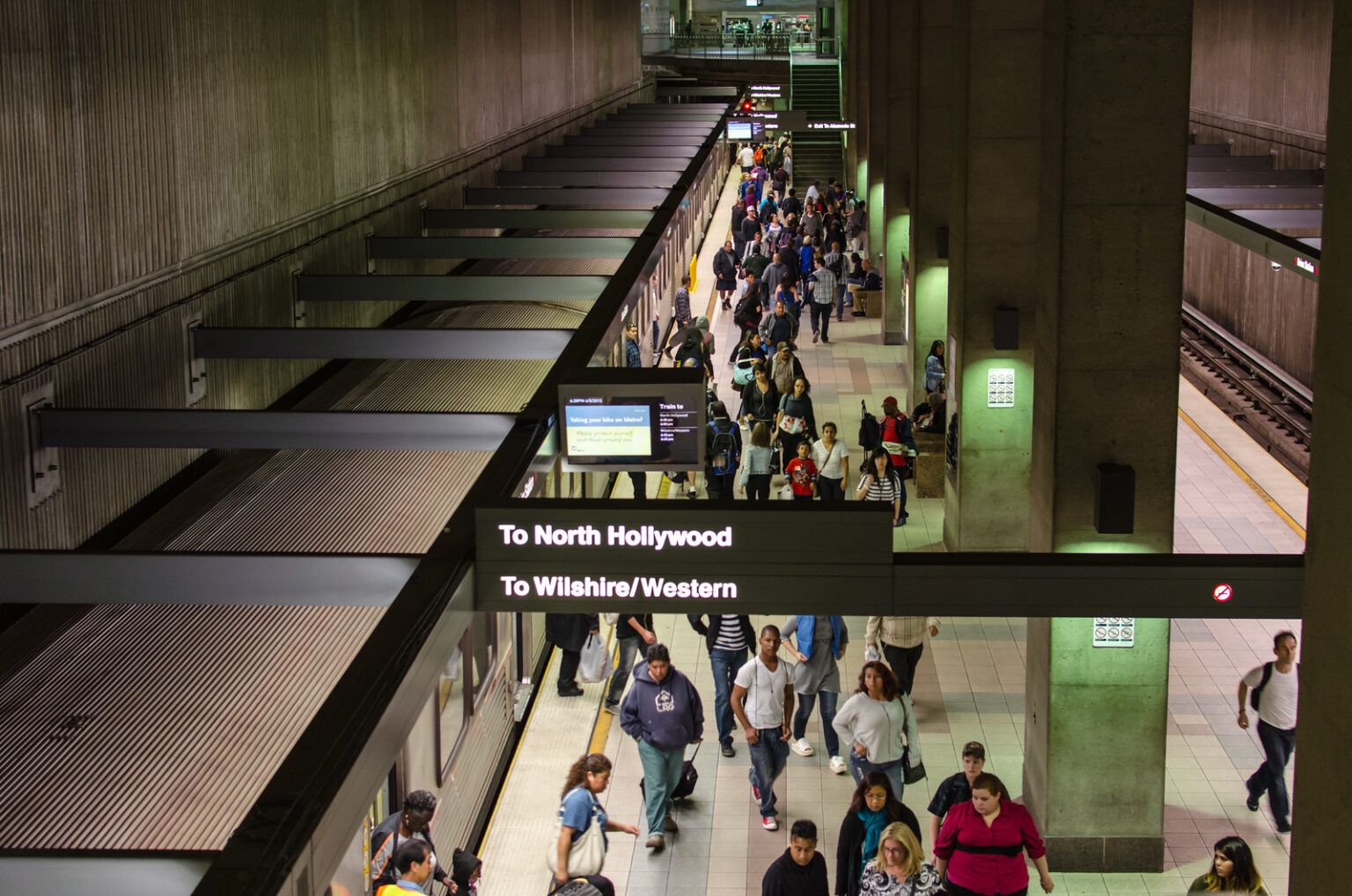 Nithya Raman unveils plans for late night LA Metro train service Passengers walk along the crowded platform beneath Union Station where LA Metro B and D Line trains stop
