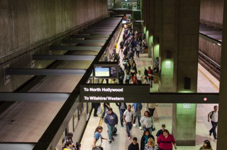 Nithya Raman unveils plans for late night LA Metro train service Passengers walk along the crowded platform beneath Union Station where LA Metro B and D Line trains stop