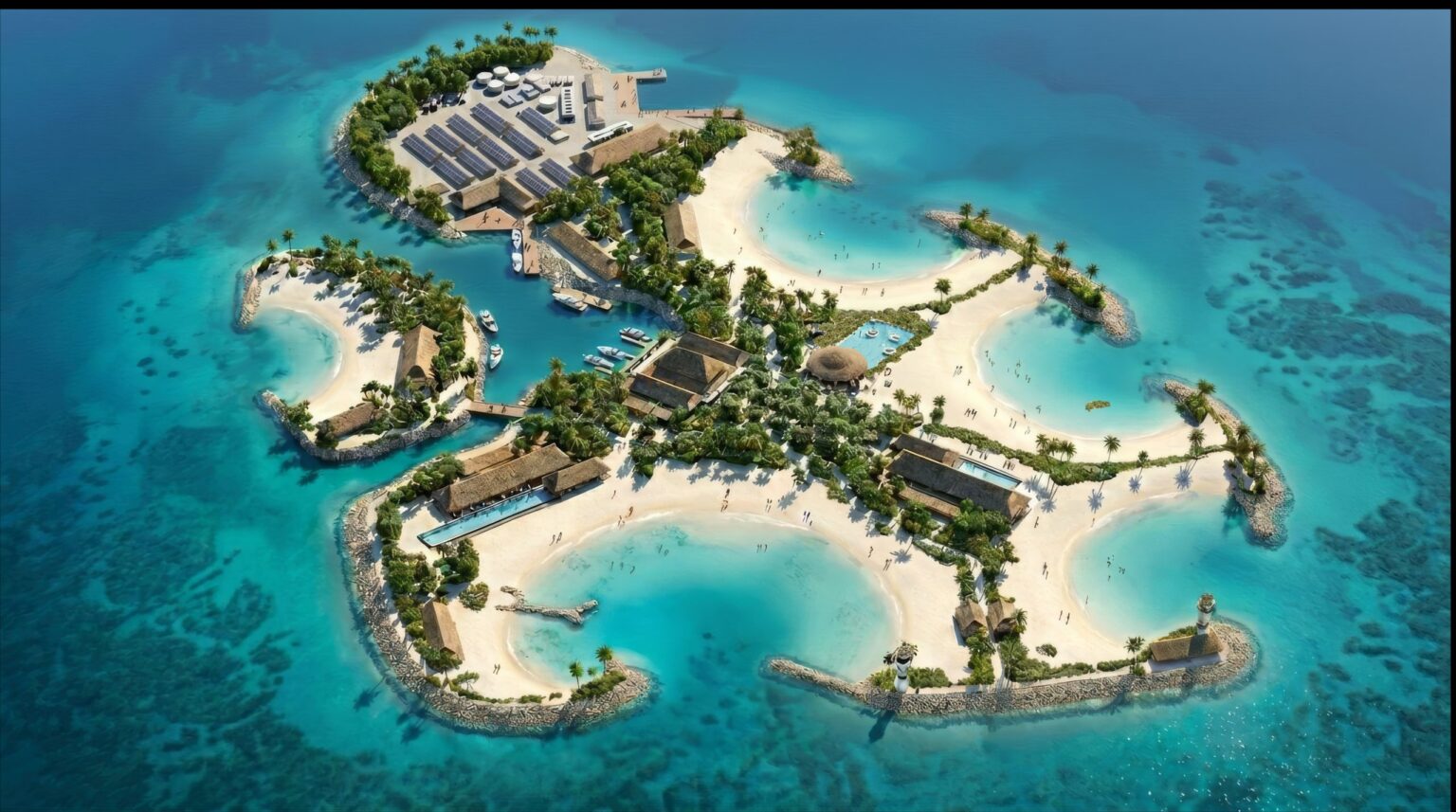 Rendering depicts a private island complex in the Bahamas